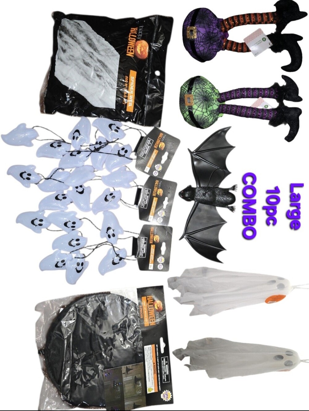 LARGE Halloween Décor Combo - Bat, Ghosts & Witch Legs, String Lights & Necklace